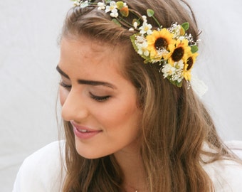 Sunflower Flower Crown with Green Leaves and Babies Breath Wedding Hair, Boho Halo