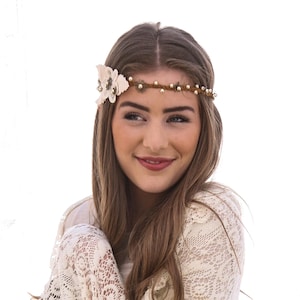 Boho Tie Flower Headband: Ivory Suede Leaves, Metal Flowers, Braided Leather