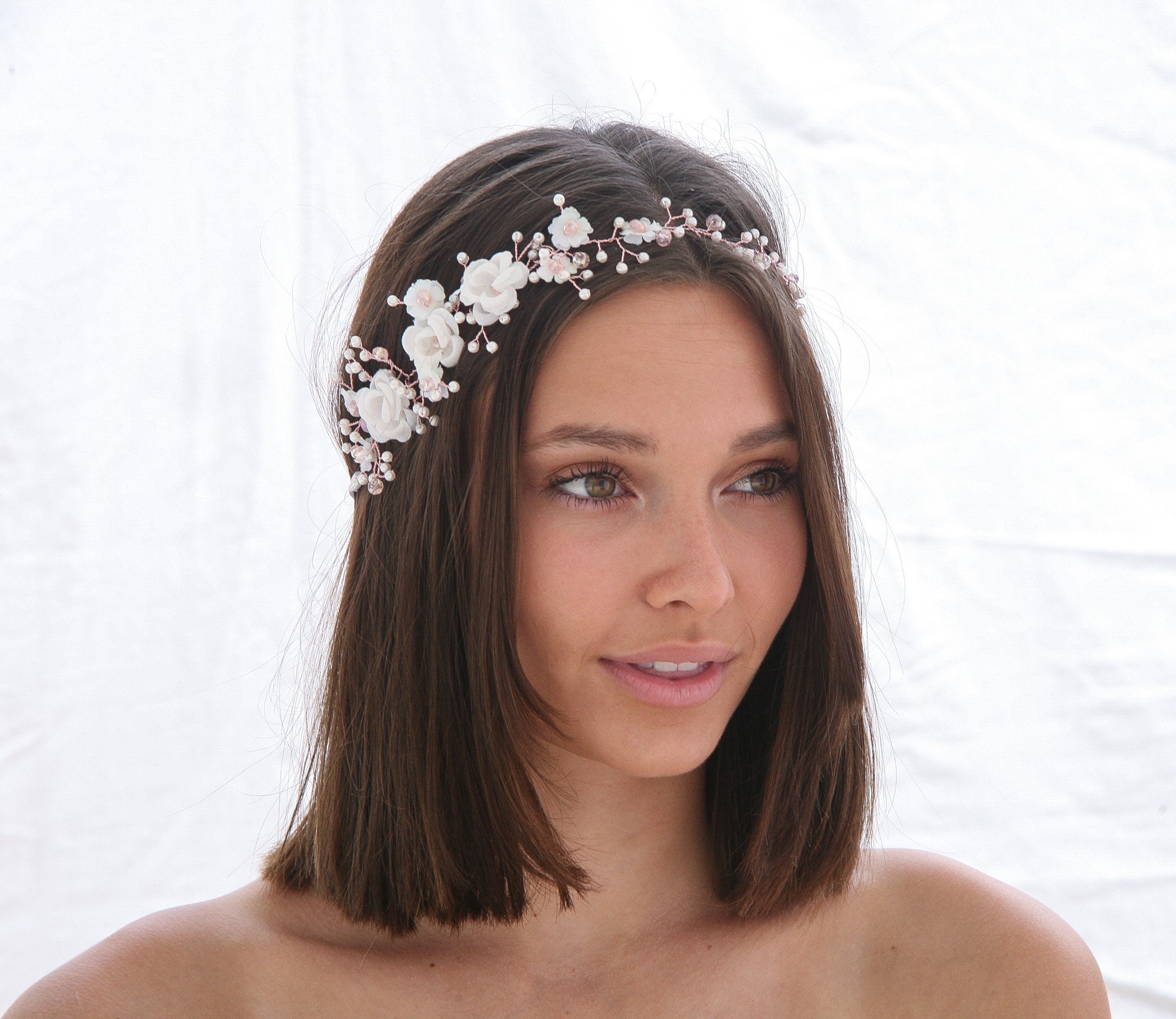 White and Rose Gold Flower Crown Beaded Woodland Wedding Hair Etsy