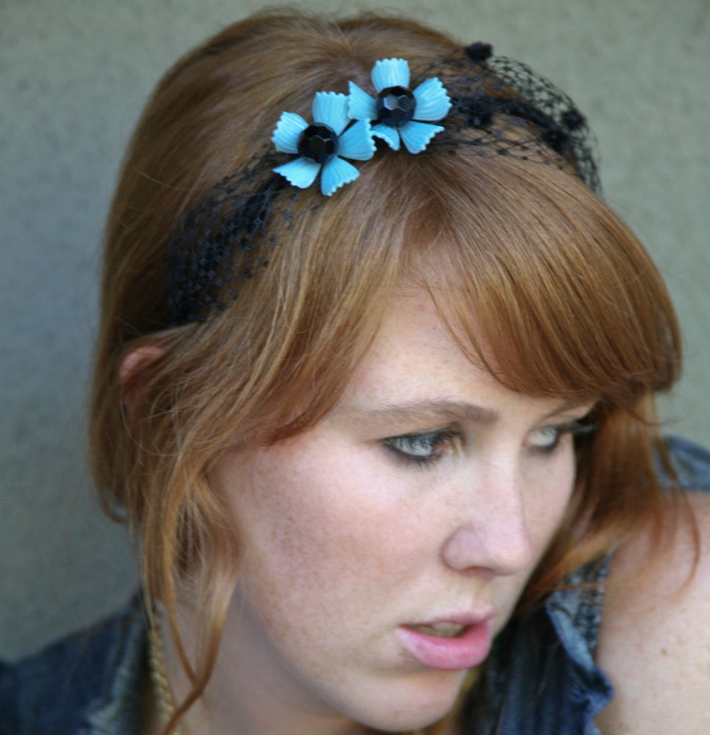 Black Net Headband With Vintage Blue Flowers Floral Headband Etsy