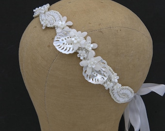 Vintage Pearl Trim Headband with Pearlized Leaves and Flowers