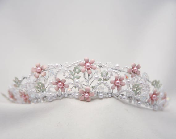 Vintage Wedding Crown with Blush Pink Flowers Bea… - image 9