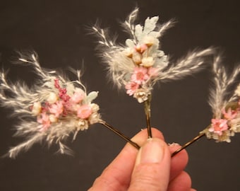 Juego de horquillas para el pelo con flores secas: tocado de boda de hierba de la pampa y flor de paja