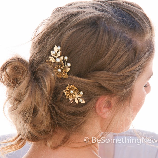 Wedding Hair Pins Large Vintage Golden Flower Bobby Pins with Gold Leaves and Pearls Hair Accessories, Brass Flower Bobbie Pins