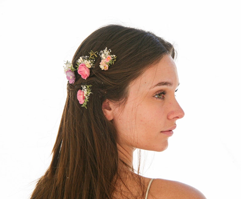 Dried Flower Hair Pin Sets in Pink and Lavenders, Flower and Babies Breath Bobby Pin Sets for you Wedding Day image 4