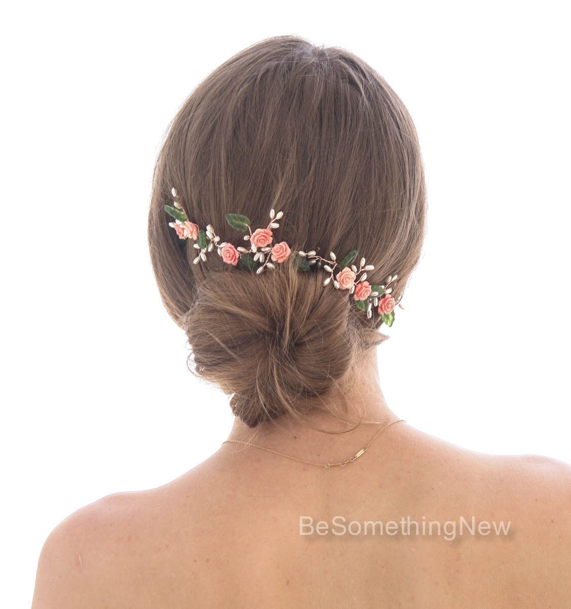 Wedding Hair Vine of Coral Roses Green Leaves and Pearls Rose - Etsy Wedding Hair Vine of Coral Roses Green Leaves and Pearls Rose - Etsy