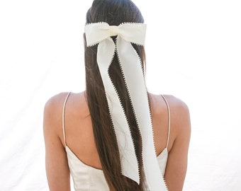 Ivory Vintage Ribbon Hair Bow with Long Tails, Wedding Hair Accessory
