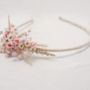 Dried Flower Headband in Pink and Ivory, with Babies Breath, Flower Girl Wedding Headpiece