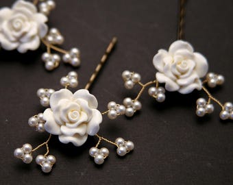 Ivory Flower Hair Pins: Wired Pearl Wedding Hair Accessories