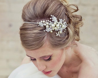 Rhinestone Wedding Tiara with Wired Flowers and Pearls, Wedding Headpiece