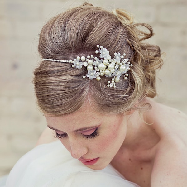 Strass Hochzeit Tiara mit Drahtblumen und Perlen, Hochzeit Kopfschmuck