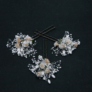 Dried Babies Breath and Champagne Flower Wedding Hair Pins Set with Pearls image 2