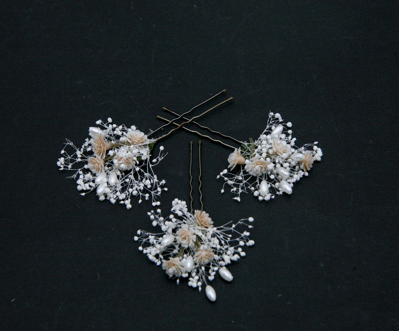 Dried Babies Breath and Champagne Flower Wedding Hair Pins Set with Pearls image 2