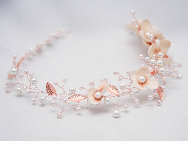 Rose Gold Bridal Hair Accessory of Wired Pearls and Flowers Etsy