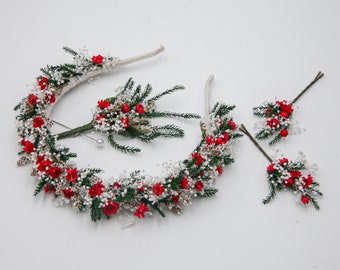 Holiday Dried Flower Crown Headband Wedding Headpiece with Matching boutonnière and Hair Pins in Red Green and Ivory