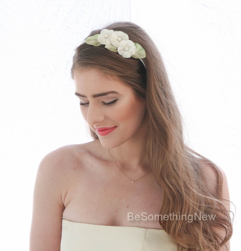 Vintage Flower Headband Ivory Flower Wedding Headband with Green Leaves Bridesmaids Floral Headband Ivory Hair Accessory