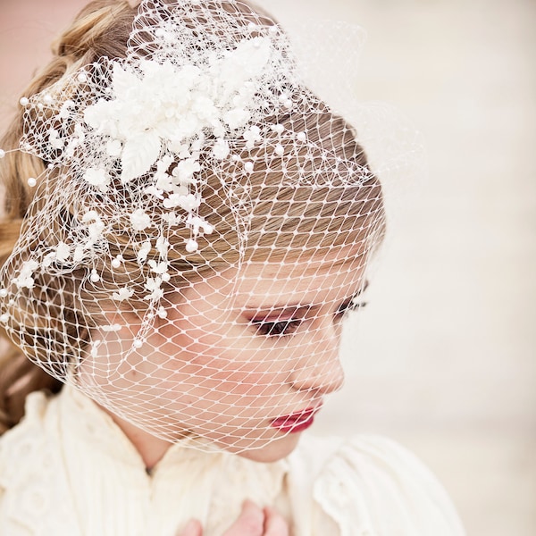 birdcage veil with vintage flower spray, modern veil, wedding headpiece