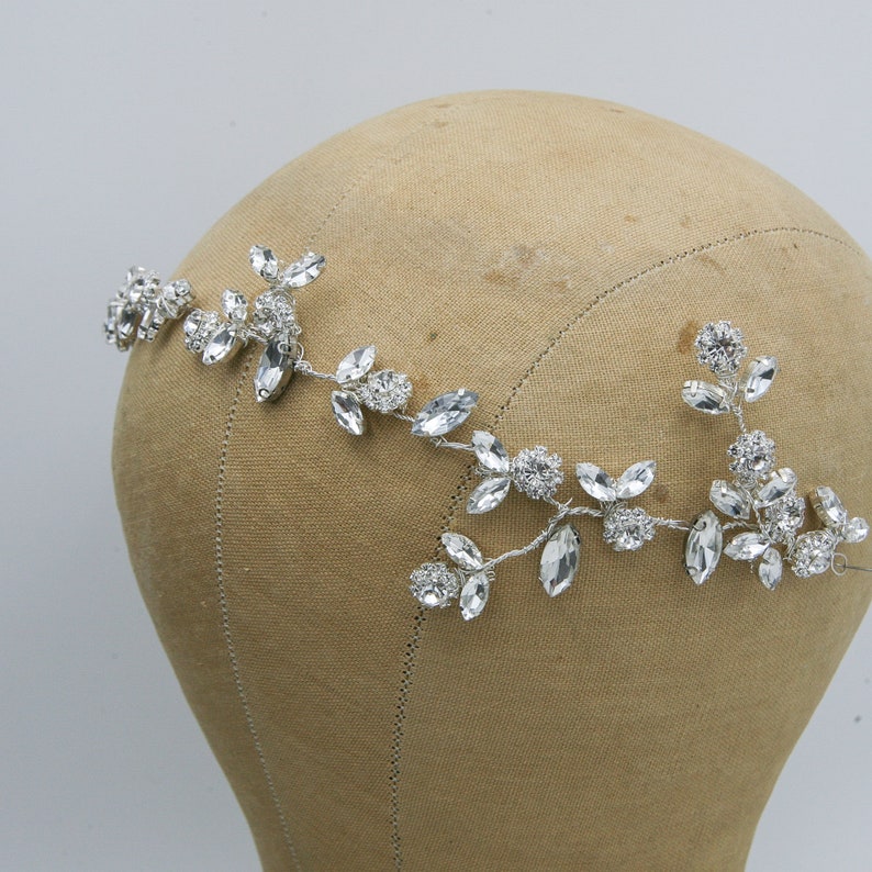 Rhinestone Wired Hair Vine, Wedding Headpiece of Rhinestone Flowers and Leaves 画像 8