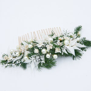 Wedding Flower Hair Comb of Preserved Greenery, Dried Flowers and Dried Leaves with Wired Pearls in Green and Ivory image 3