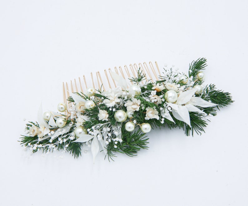 Wedding Flower Hair Comb of Preserved Greenery, Dried Flowers and Dried Leaves with Wired Pearls in Green and Ivory image 3