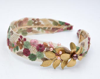 Wide Headband with Embroidered Flowers and Gold Metal Accents