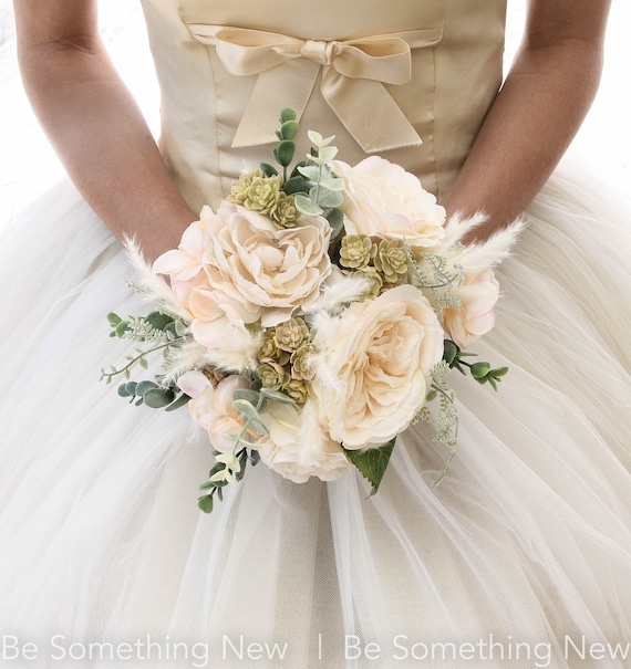 Blush Pink And Green Wedding Bouquet With Succulents Pampas Etsy