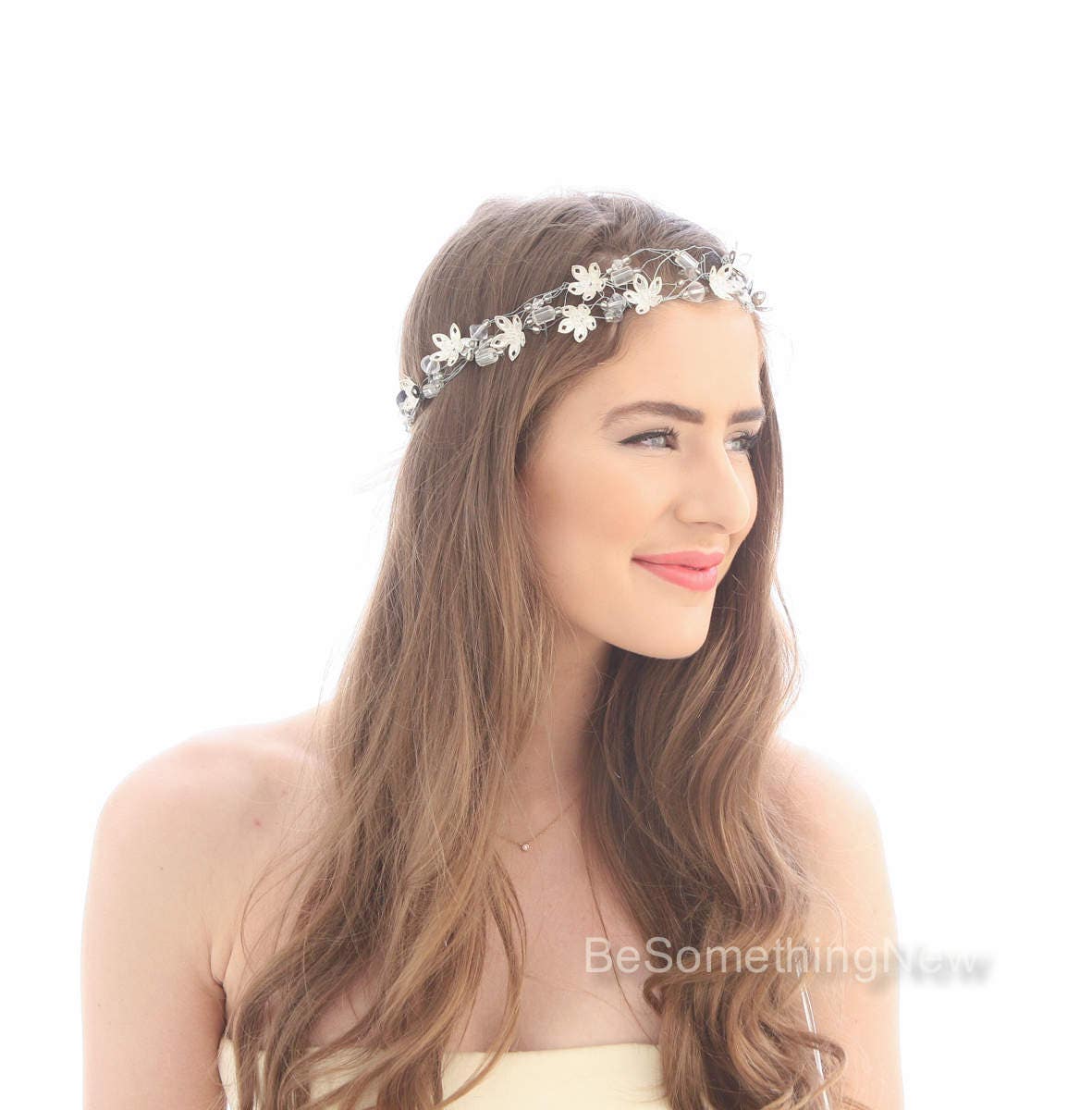 Silver Wire Flower Crown Beaded Wedding Headpiece Silver Etsy