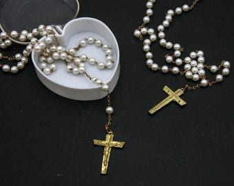 Vintage Pearl Rosary with Gold Cross - First Communion Gift