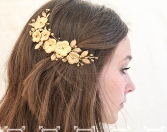 Gold Flower Wedding Comb: Brass Flowers & Leaves Bridal Hair Jewelry