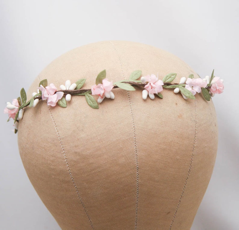 Flower Crown Pink and Green, Wedding Halo, Small Floral Headbands, Bridesmaids Hair Accessory, Flower Girl Headpiece image 5