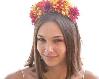 Mexican Flower Crown in Pink Orange and Yellow, Day Of the Dead Headband Halloween Hair Accessory Corona de Flores Costume Frida Kahlo Halo