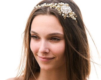 Gold Wedding Tiara: Vintage Beaded Bridal Headband with Metal Flowers