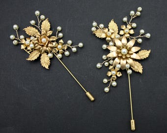 Gold Metal and Pearl Boutonnière Label Pin for Weddings, Groom and Groomsmen