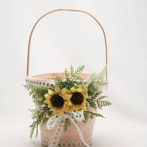 Flower Girl Basket with Sunflowers, Fern and Vintage Lace, Floral Basket for a Flower Girl Rustic Wedding Accessories, Easter Baskets image 5