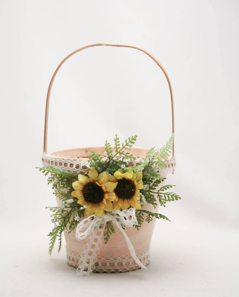 Flower Girl Basket with Sunflowers, Fern and Vintage Lace, Floral Basket for a Flower Girl Rustic Wedding Accessories, Easter Baskets image 5