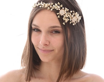 Enredadera para el cabello con cuentas para bodas: perlas de marfil, champán, oro, joyería vintage