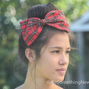 Vintage Red Plaid Hair Bow: 70s Fabric, Schoolgirl Style