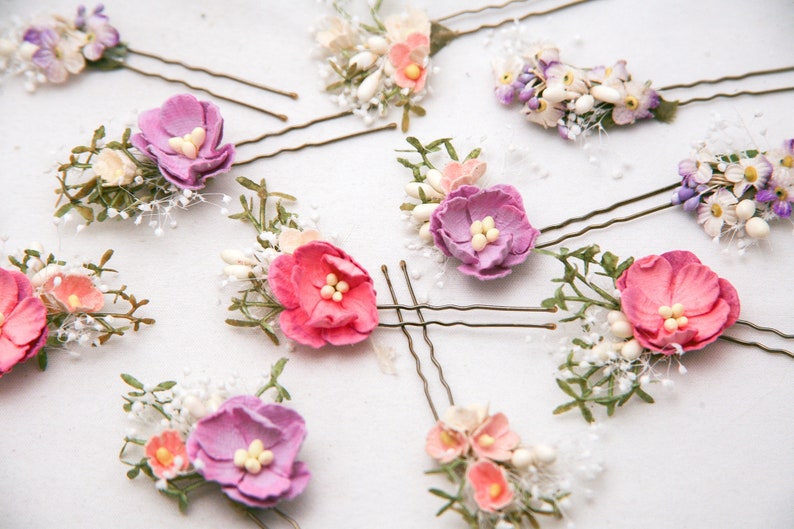 Dried Flower Hair Pin Sets in Pink and Lavenders, Flower and Babies Breath Bobby Pin Sets for you Wedding Day image 6