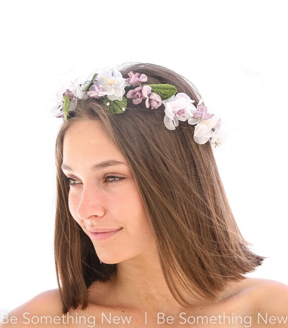 Vintage Flower Crown In Lavender and White with G… - image 3