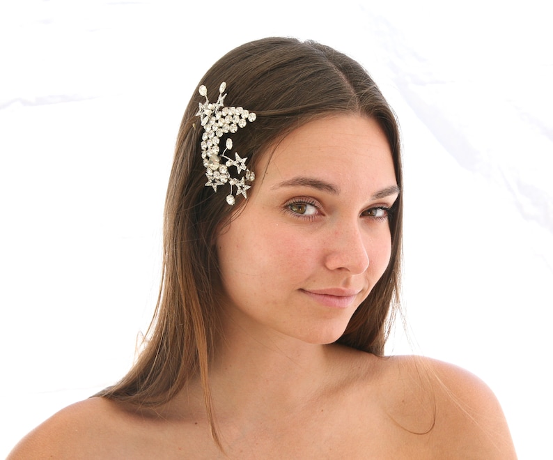 Peigne à cheveux mariage céleste lune vintage, coiffe de mariée lune et étoiles, accessoire cheveux constellation mariages Art déco image 7