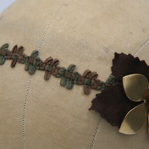 Hippie Bohemian Tie Headband of Camel Suede Trim, brown Leaves and a large metal daisy, Boho Festival Fashion image 2