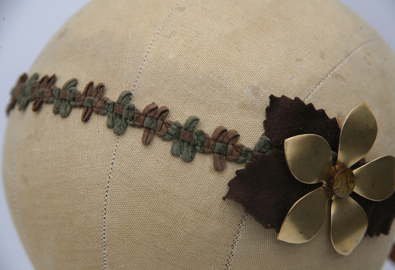 Hippie Bohemian Tie Headband of Camel Suede Trim, brown Leaves and a large metal daisy, Boho Festival Fashion image 2