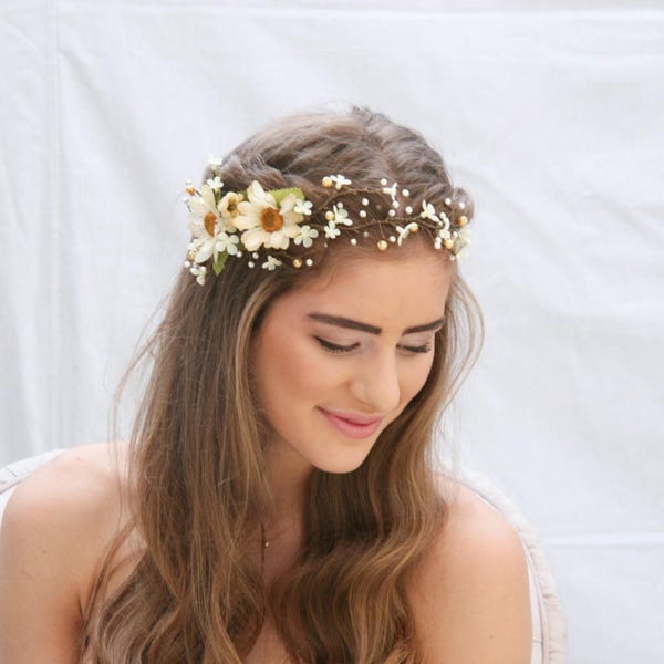 Rustic Ivory Daisy Hair Vine: Pearl & Beaded Boho Wedding Crown