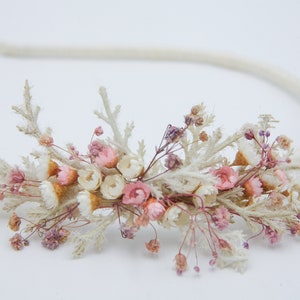 Dried Flower Headband in Pink and Ivory, with Babies Breath, Flower Girl Wedding Headpiece image 8