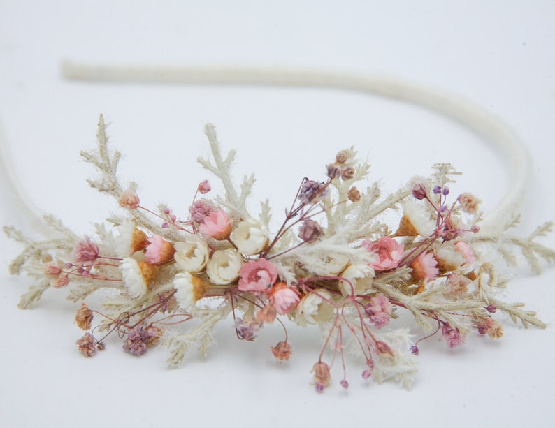 Dried Flower Headband in Pink and Ivory, with Babies Breath, Flower Girl Wedding Headpiece image 8