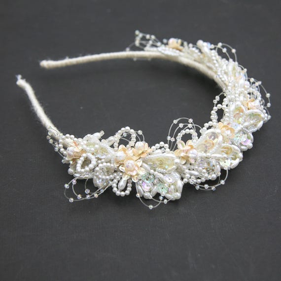 Vintage White and Gold Beaded Bridal Headband Gatsby Style Headpiece With Glass Beads, Art Deco Accessory  main image 4
