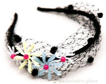Black Net Headband: Vintage Plastic Flowers, Bohemian Hair Accessory