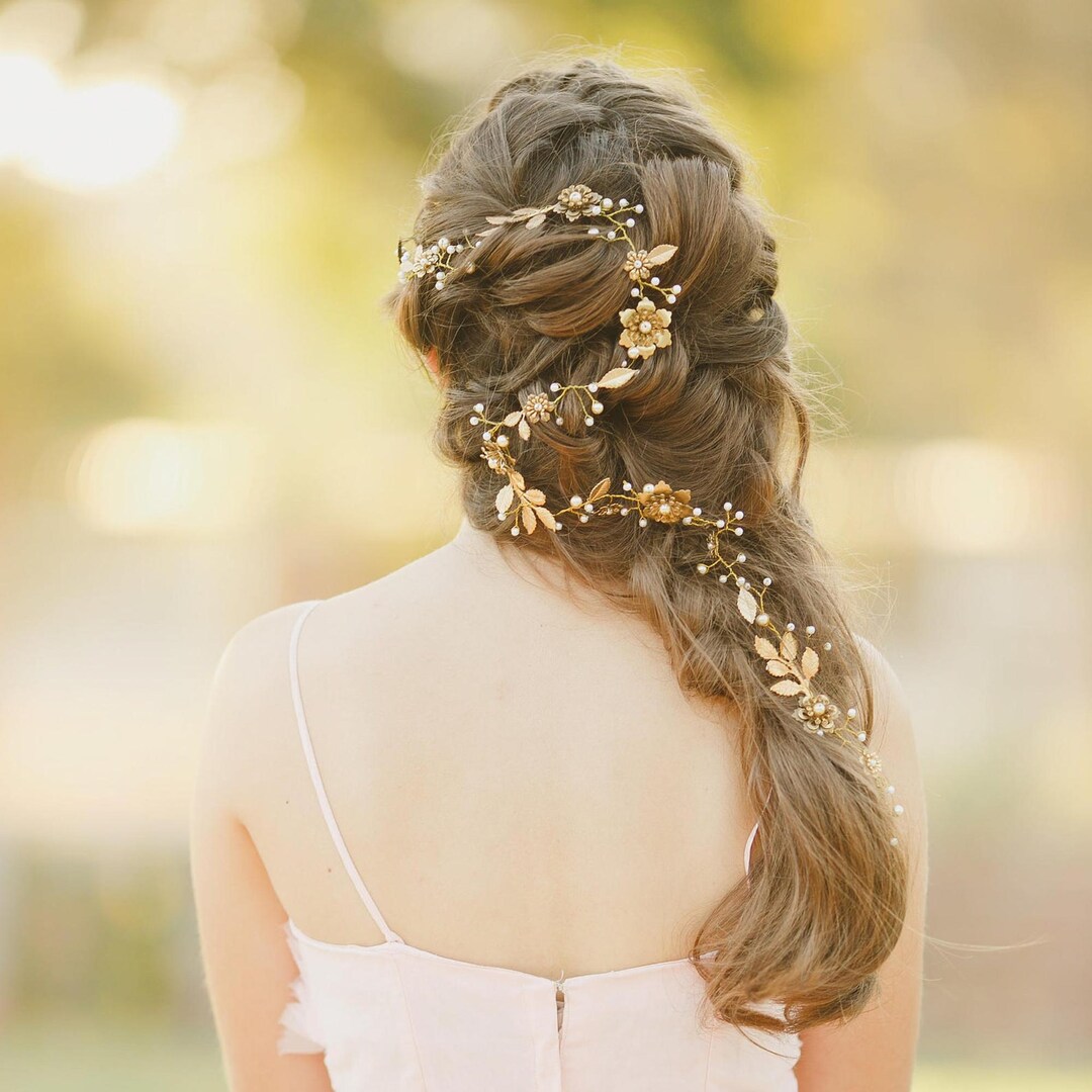 Kilshye Cerchietto Sposa Con Fiori, Foglie E Perle – Oro, Accessorio Per Capelli Da Matrimonio, Festa E Cerimonia