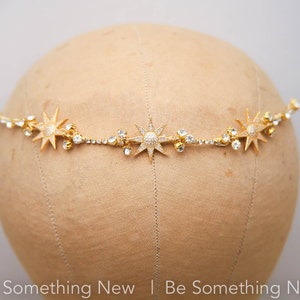 Gold Wedding Headpiece with Golden Stars and Rhinestones, Celestial Wedding Boho Wired Gold Tiara Hair Accessory 画像 6