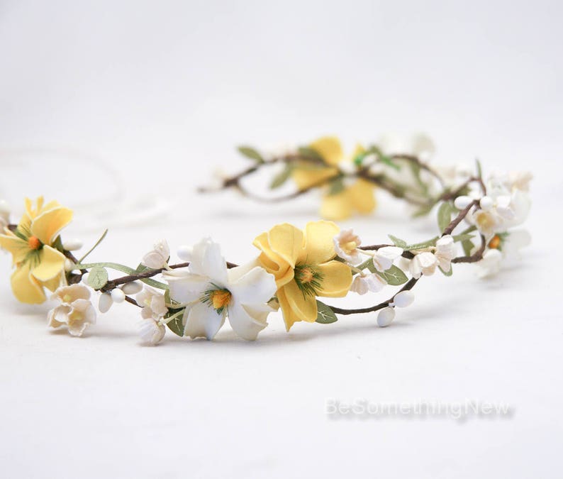 Flower Crown Of Yellow and Ivory Flowers Wedding Hair Yellow Daisy Floral Halo Boho Wedding Bridesmaid or Flower Girl Headband